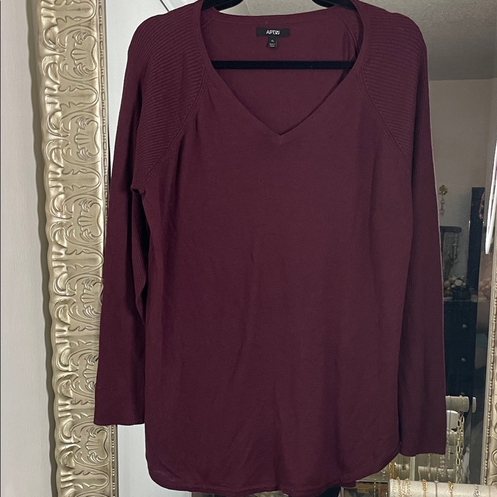 Apt. 9 Women's Deep burgundy Long Sleeve V-Neck sweater Top-XLarge